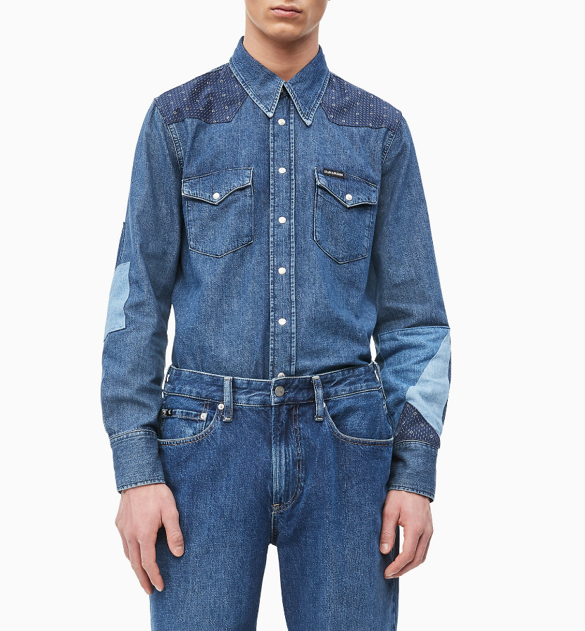 Мужская ковбойская джинсовая рубашка с лоскутным узором от Сalvin Klein